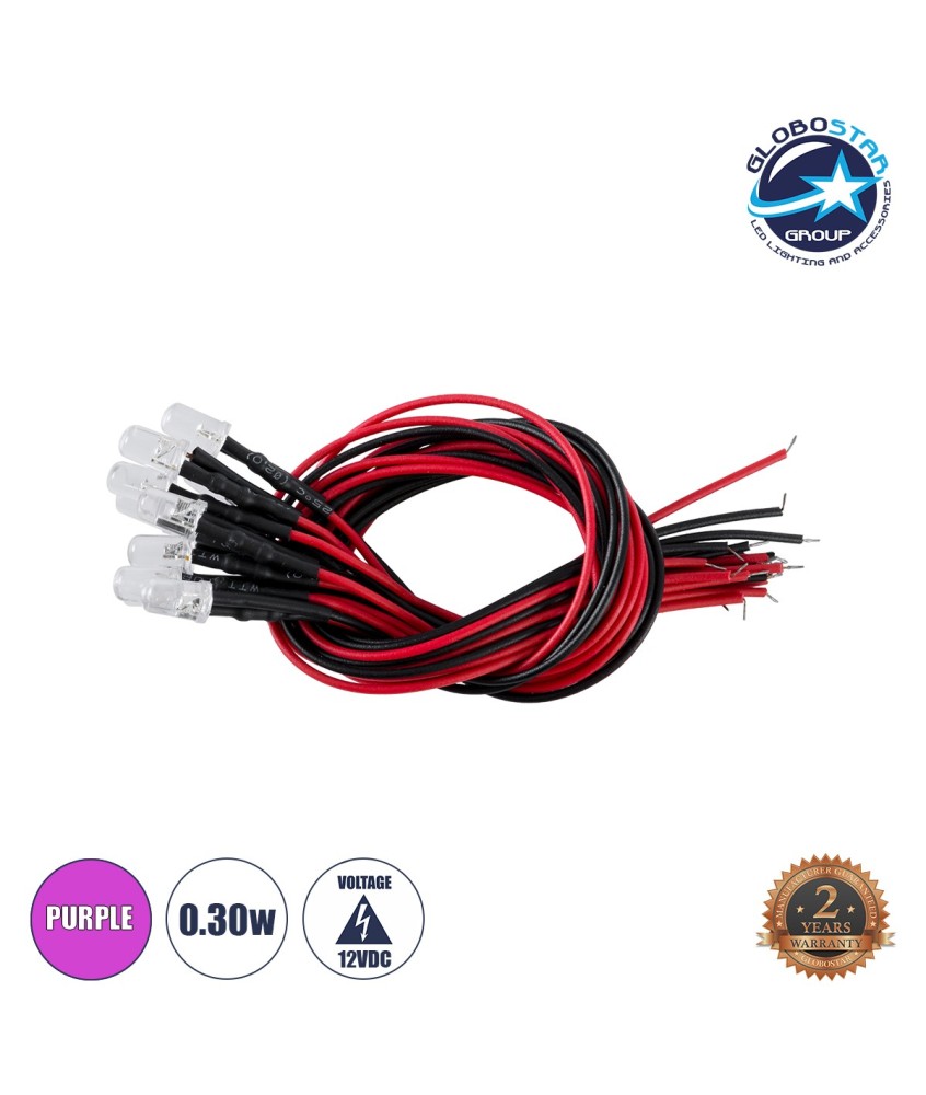 GloboStar® DIODE-LED 73737 Χαμηλής Ισχύος Δίοδος LED 0.3W DC 12V - Φ0.5 x Υ1cm - Μωβ - Dimmable - Συσκευασία 10 Τεμαχίων - 2 Χρόνια Εγγύηση